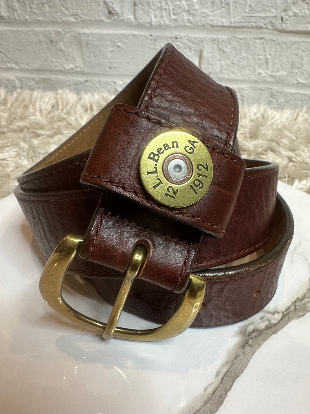 Preloved Vintage L.L. Bean 12 Gauge Dark Brown Leather Belt, Brass Buckle, 40
